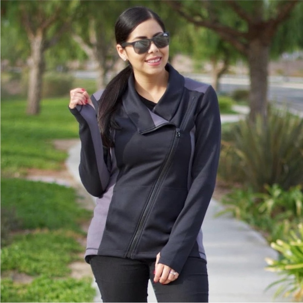 CAbi Dash Moto Style Asymmetrical Zip Color block Athletic Sports Jacket